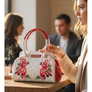 DESIGNER ANNA RACHELE WHITE/RED LEATHER LACE FLORAL DETAIL DOUBLE HANDLED BAG